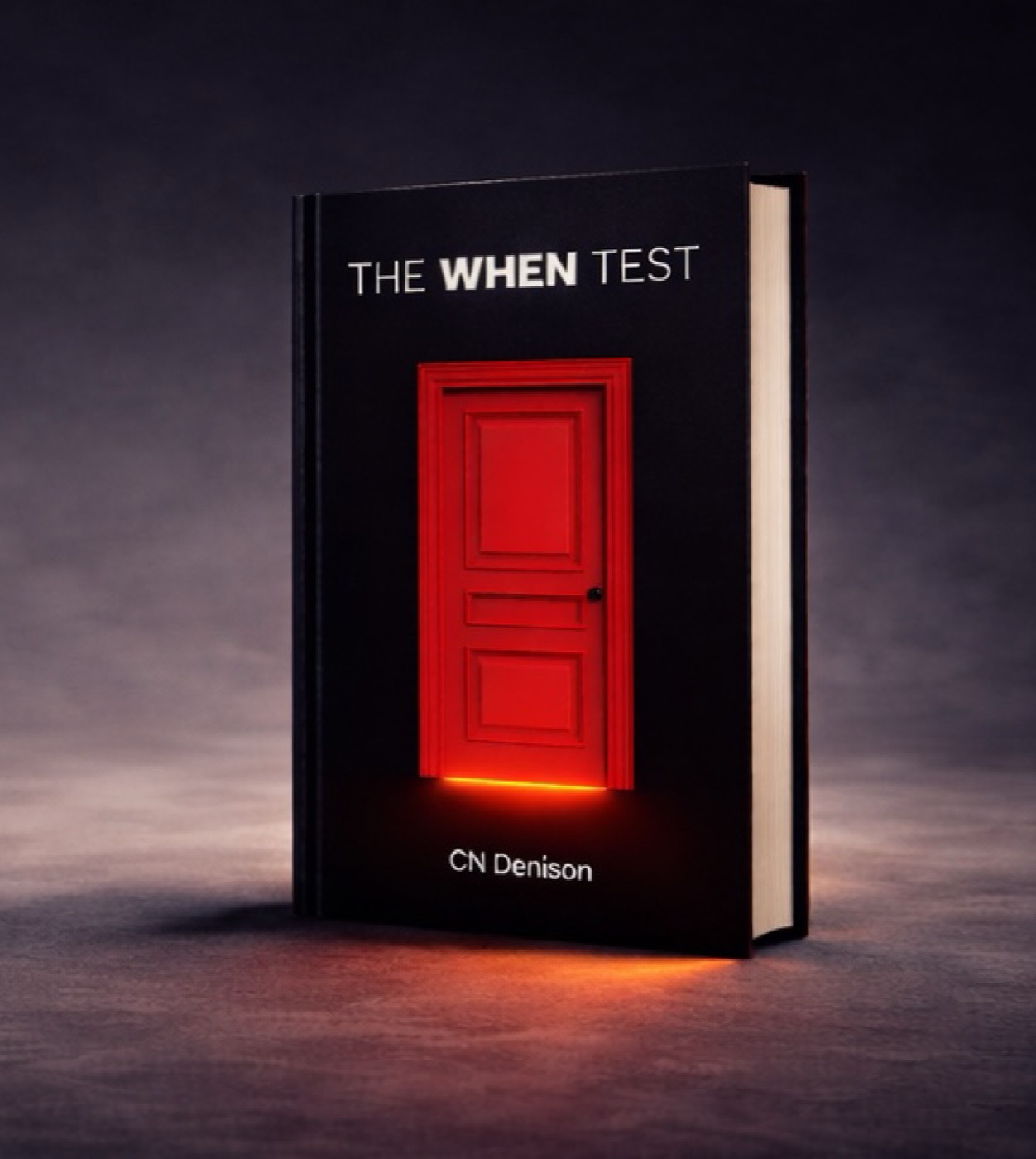 The When Test hardback by CN Denison, a red door glowing on its cover